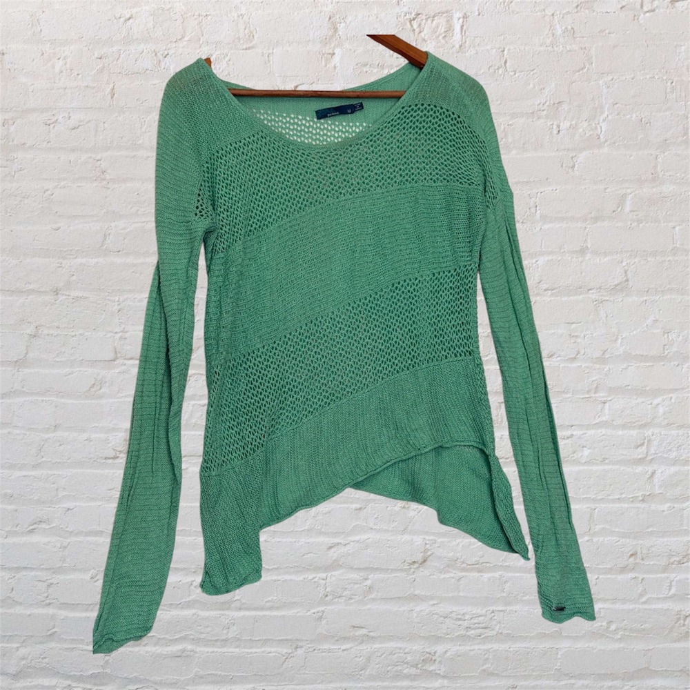 Prana Womens Seafoam Green Open Knit Asymmetrical Hem Sweater Medium Pullover
